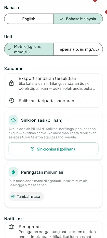 Skrin Tetapan RecHealth: bahasa, unit, sandaran