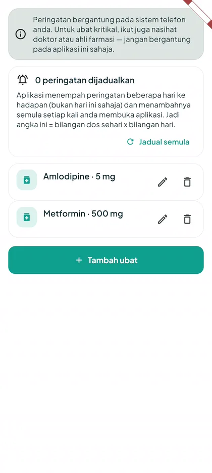 Skrin Ubat: senarai ubat dan penjadualan peringatan