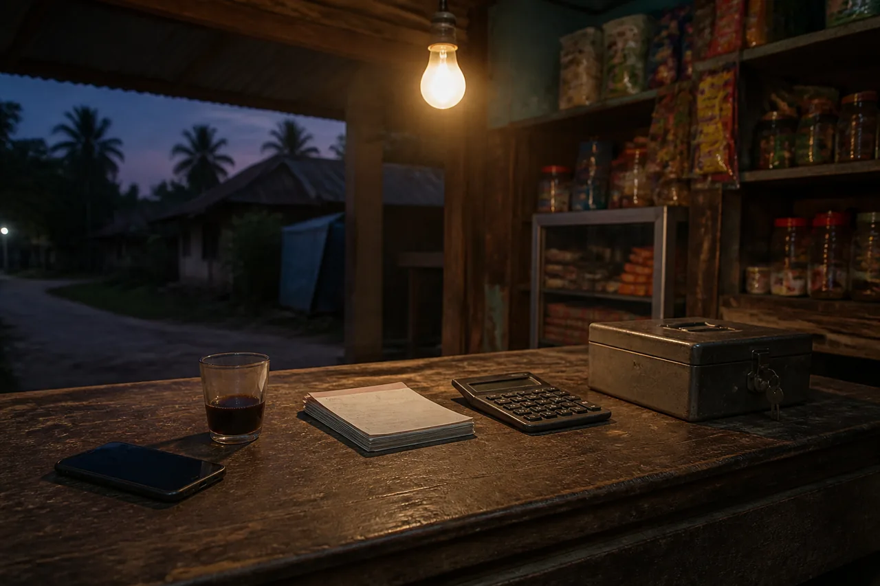 Kaunter kedai kampung dengan kalkulator, buku resit, kotak wang dan telefon pintar yang skrinnya dimatikan pada waktu senja
