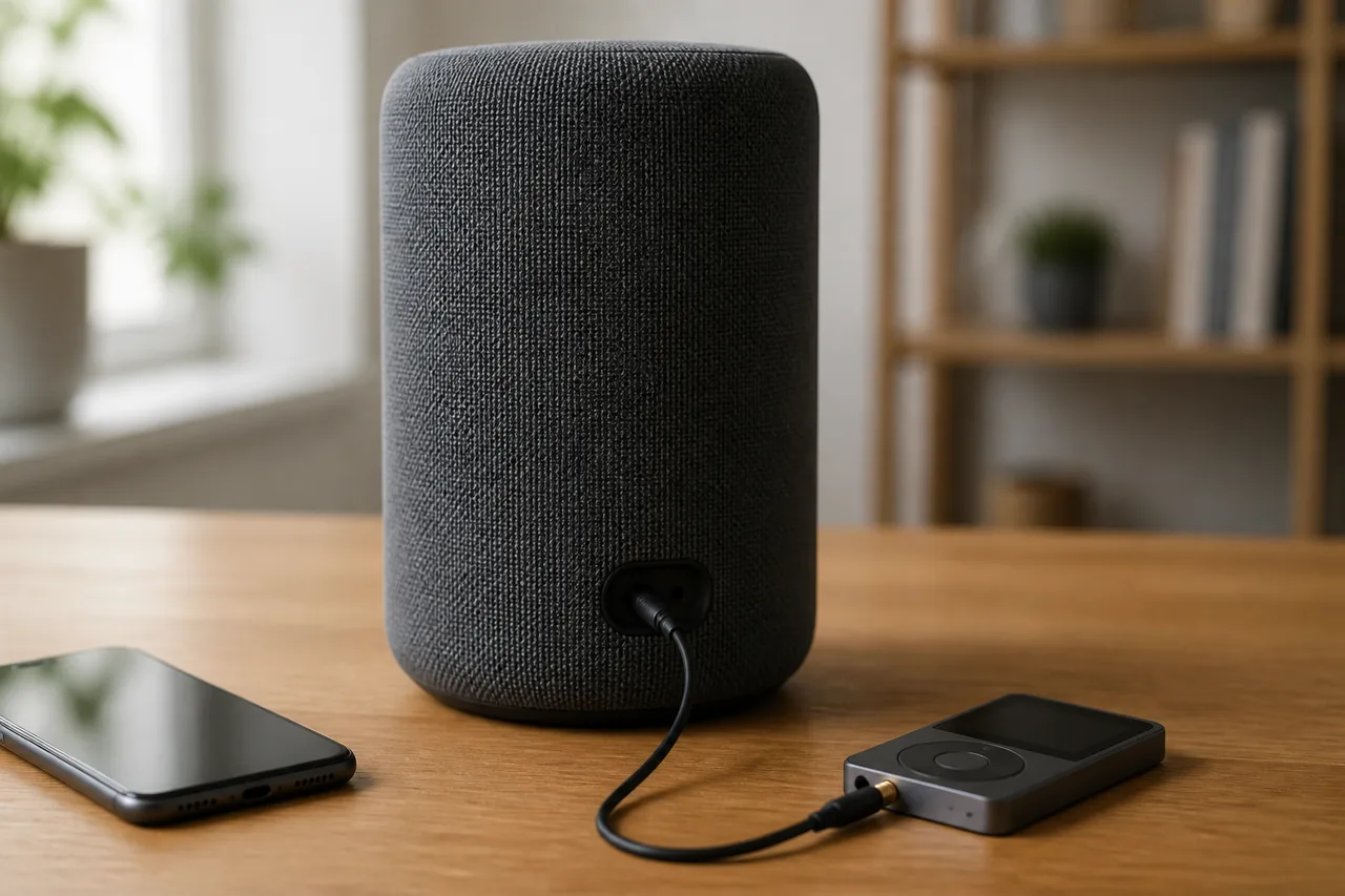 Pembesar suara pintar berbentuk silinder di atas meja kayu dengan kabel audio 3.5 mm dipasang pada port di belakangnya