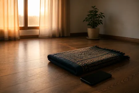 Sejadah terlipat dan telefon pintar skrin mati di atas lantai kayu pada waktu subuh