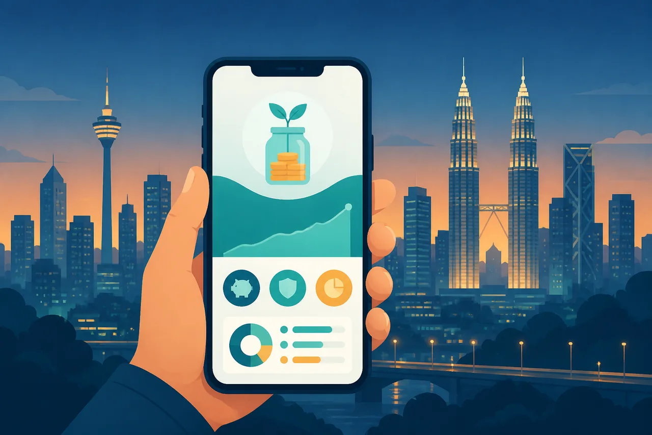 Ilustrasi telefon memaparkan skrin aplikasi simpanan dengan latar langit bandar Malaysia pada waktu senja.