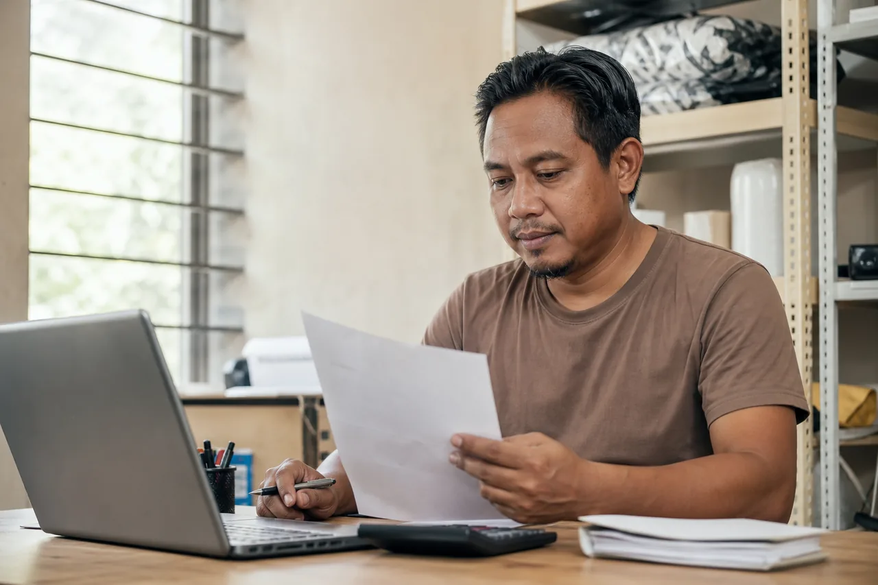 Pemilik perniagaan kecil meneliti sebut harga bercetak di meja kayu bersama komputer riba dan kalkulator