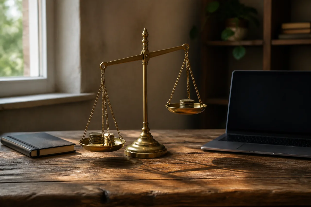Dacing tembaga dua pinggan di atas meja kayu dengan token logam, melambangkan harga token AI yang turun separuh