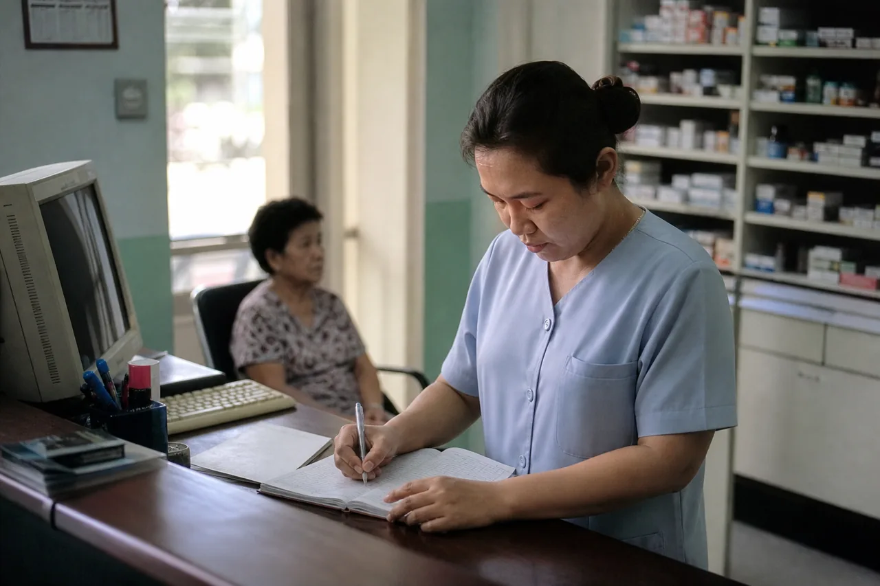 Jururawat menulis temujanji dalam buku di kaunter klinik kecil, komputer lama di sebelah