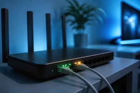 Penghala internet rumah dengan dua kabel ethernet dan lampu penunjuk menyala