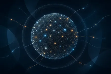 Ilustrasi abstrak rangkaian nod bercahaya yang membentuk sfera dunia, dengan beberapa laluan data keluar melepasi sempadan bulatan, biru gelap dan jingga