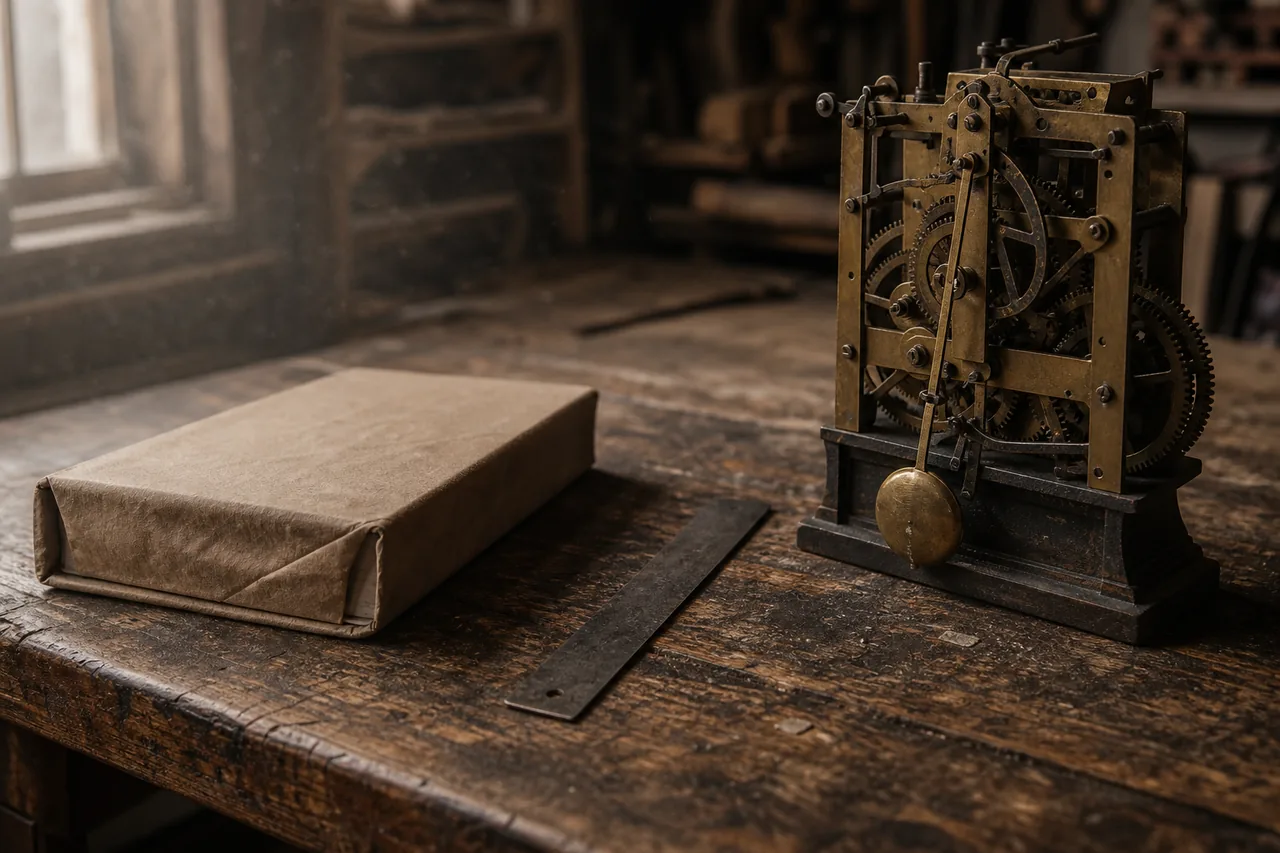 Meja kerja kayu dengan buku bersampul coklat di kiri dan mekanisme jam loyang terbuka di kanan, cahaya tingkap lembut