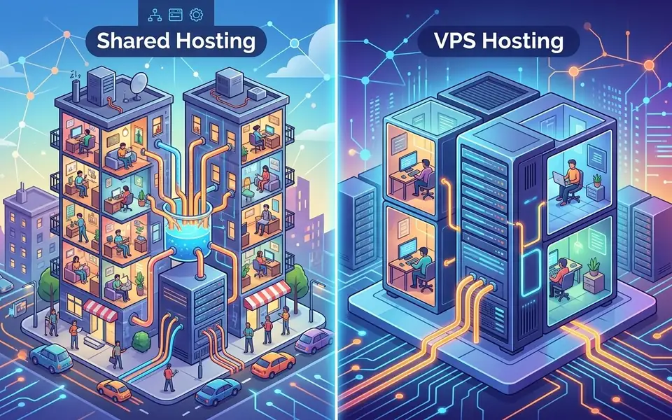 Ilustrasi perbandingan dua susunan hosting. Di kiri, sebuah bangunan apartmen berbilang tingkat yang penuh penghuni dan disambungkan kepada satu sistem pusat, dengan label Shared Hosting. Di kanan, satu unit pelayan tersusun dengan beberapa bilik kerja di sisinya, dengan label VPS Hosting.