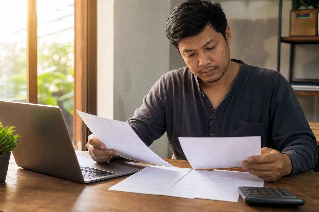 Pemilik perniagaan kecil meneliti sebut harga bercetak di meja kerja bersama komputer riba dan kalkulator