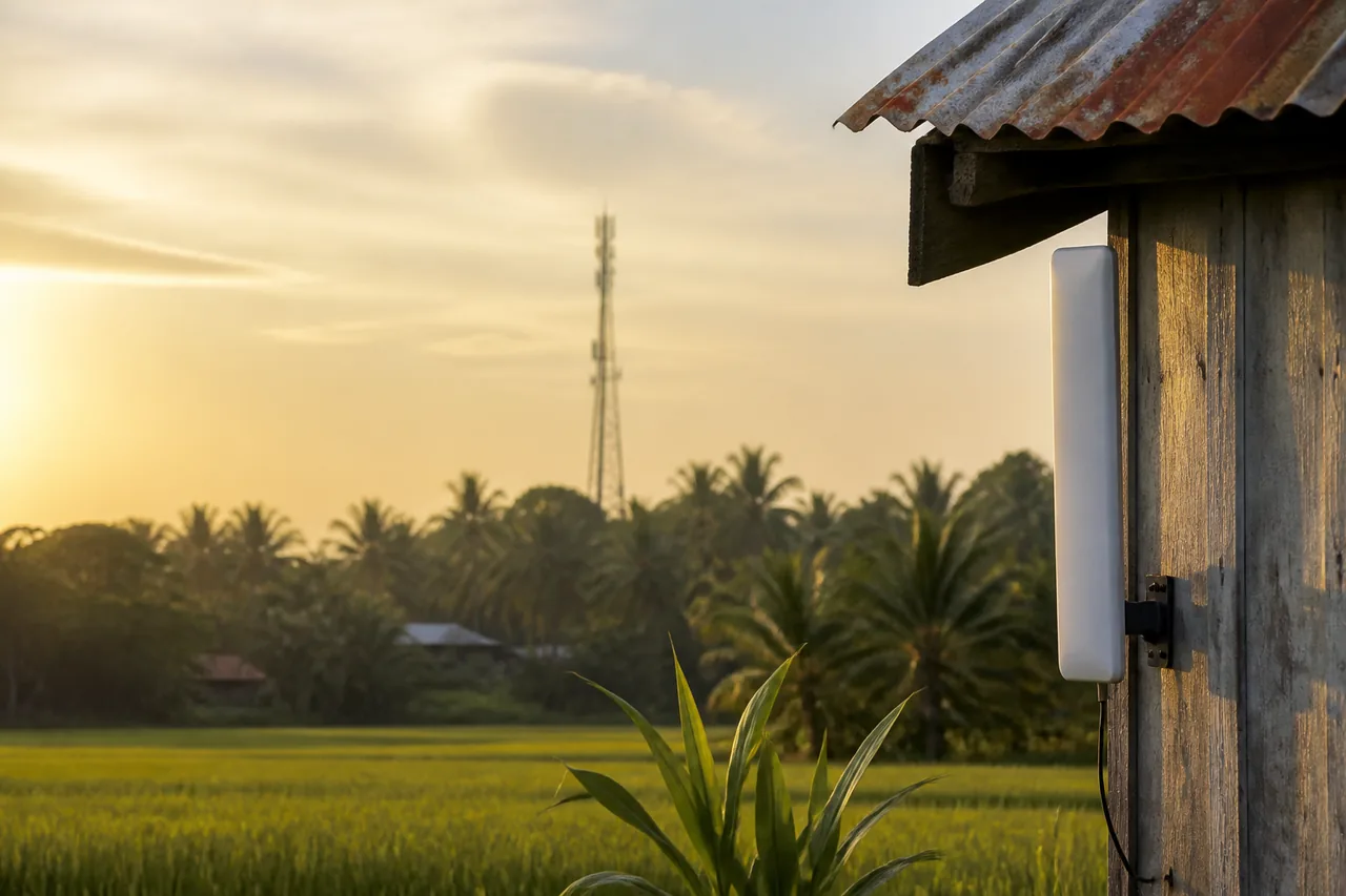 Antena wayarles pada dinding rumah kampung dengan menara telekomunikasi di kejauhan ketika matahari terbenam