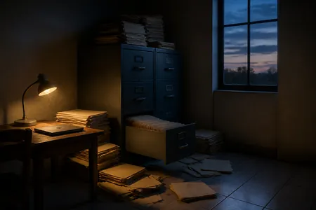 Kabinet fail logam terbuka dengan folder bertaburan di atas lantai, laptop tertutup dan lampu meja dalam suasana pejabat malap