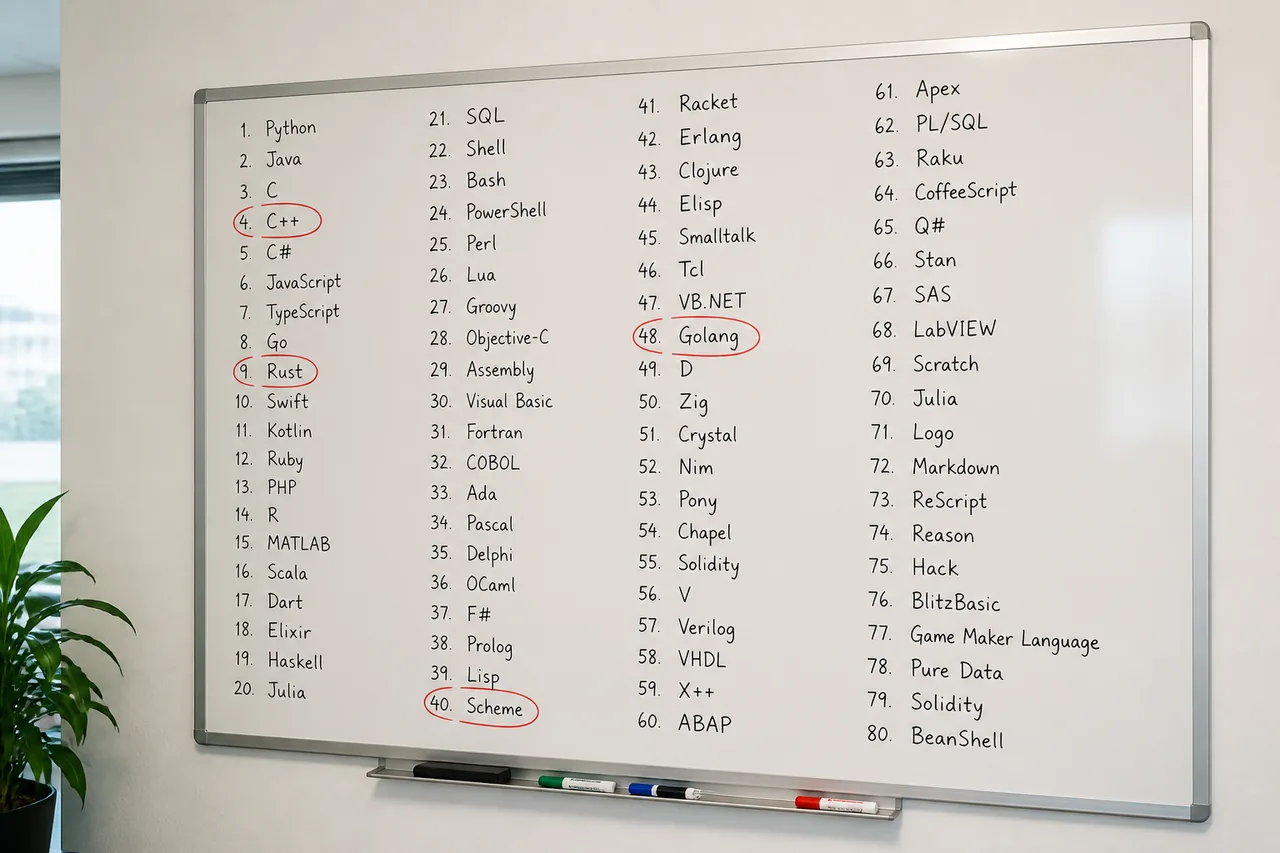Senarai panjang nama bahasa pada papan putih dengan beberapa nama dilingkari penanda merah