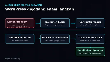 Rajah aliran enam kotak berlabel Kesan, Dokumen, Pintu masuk, Checksum, Bersihkan dan Kunci dalam warna sian, dengan kotak merah berlabel Digodam di kiri dan kotak hijau berlabel Bersih dan dipantau di kanan.