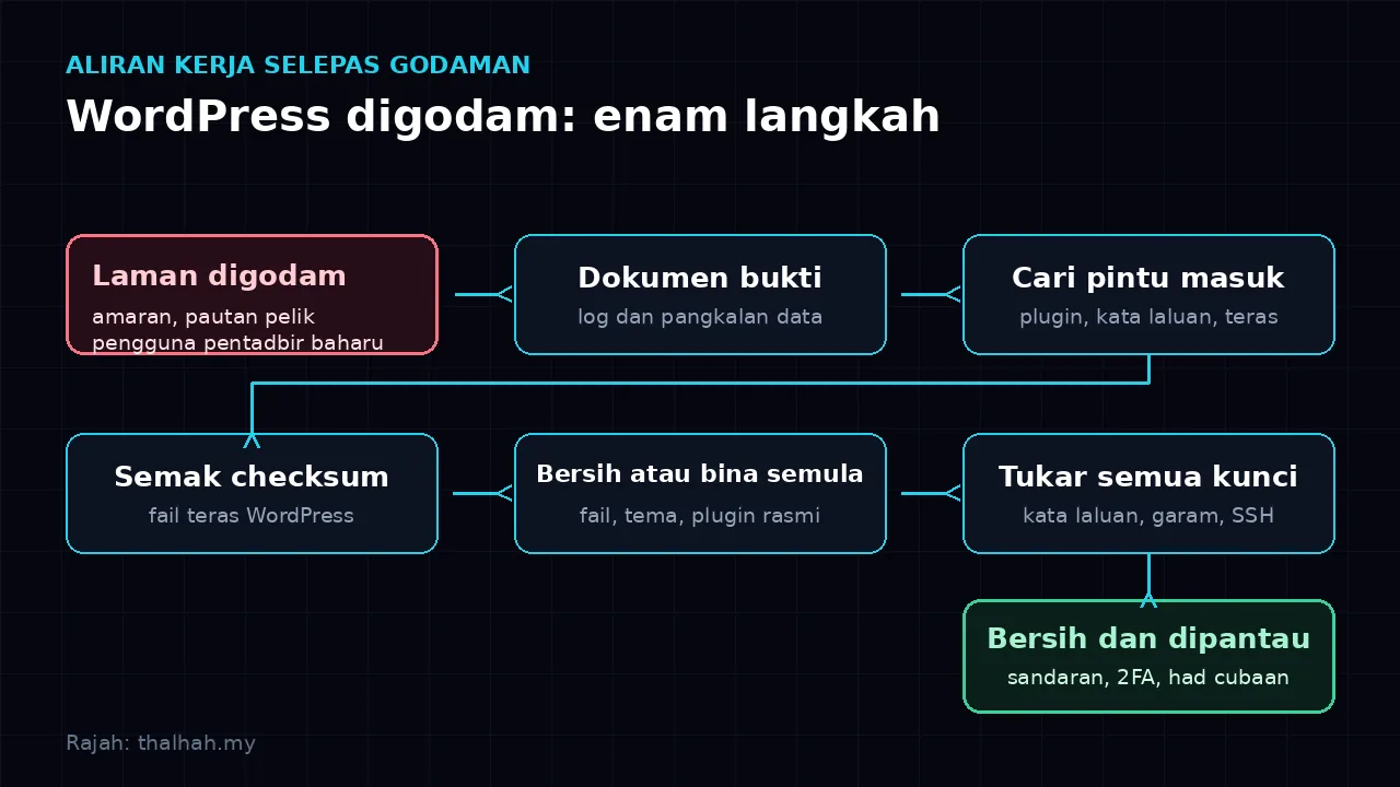 Rajah aliran enam kotak berlabel Kesan, Dokumen, Pintu masuk, Checksum, Bersihkan dan Kunci dalam warna sian, dengan kotak merah berlabel Digodam di kiri dan kotak hijau berlabel Bersih dan dipantau di kanan.
