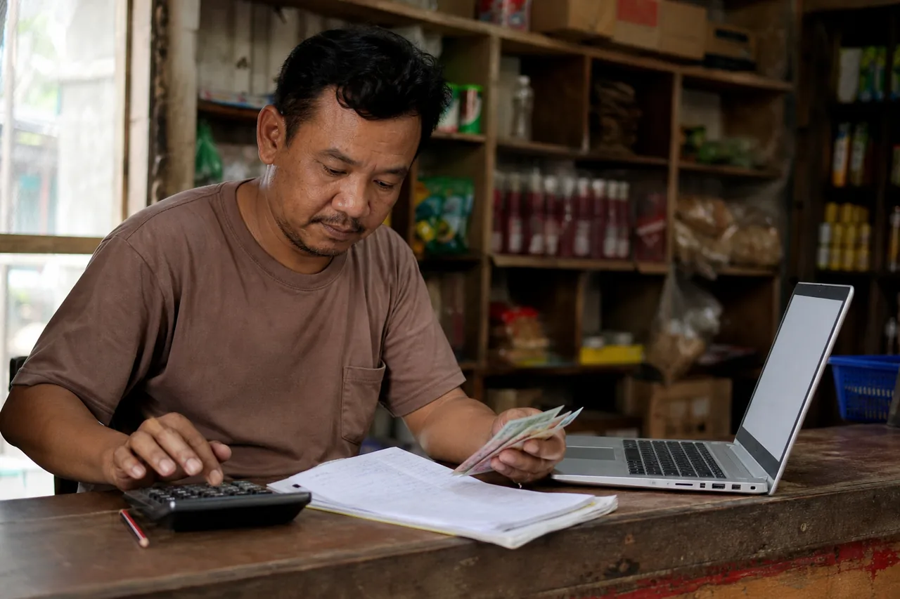 Pemilik kedai kecil mengira bil tahunan laman web dengan kalkulator di kaunter kayu