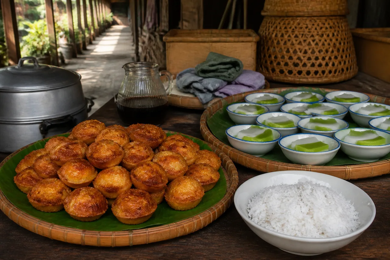 Kuih tradisional Kelantan atas dulang buluh berlapik daun pisang di gerai pasar pada waktu pagi