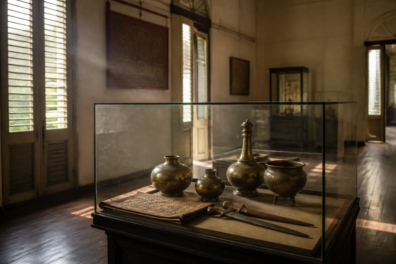 Vitrin kaca berisi bekas tembaga, songket berlipat dan keris di galeri muzium berlantai kayu