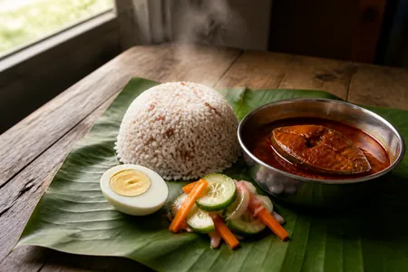 Pinggan nasi dagang dengan nasi santan bertitik kemerahan, gulai ikan tongkol dan acar timun atas daun pisang