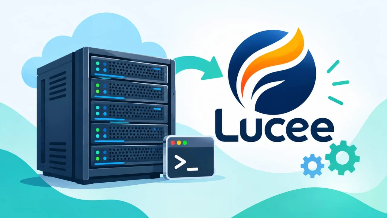 Ilustrasi pemasangan Lucee, dengan deretan pelayan di kiri, anak panah ke arah logo Lucee di kanan, dan satu tetingkap terminal kecil di hadapan pelayan