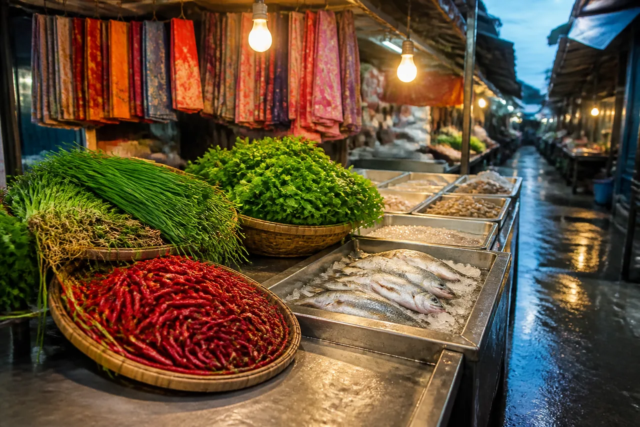 Gerai pasar basah dengan bakul rotan berisi cili merah, herba segar dan ikan di atas ais