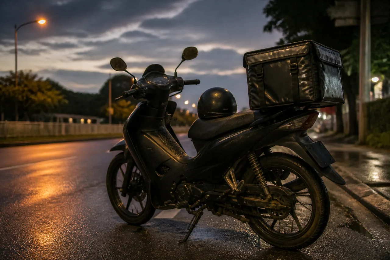 Motosikal kapcai dengan bekas penghantaran makanan di tepi jalan pada waktu senja, tanpa penunggang