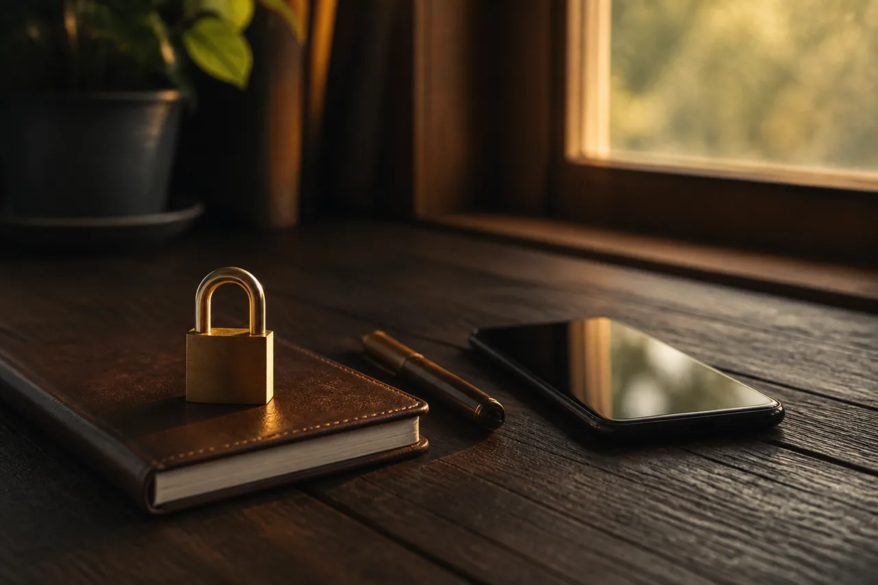 Padlock kecil di atas buku nota dan telefon dengan skrin gelap di meja kayu, lambang menyemak sebelum memindahkan wang