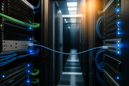 Dua rak pelayan bersebelahan dalam lorong pusat data dengan kabel tersusun