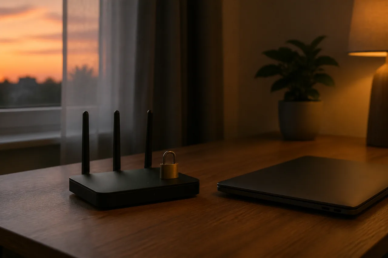 Router rumah di atas meja kayu dengan mangga kecil di atasnya, komputer riba tertutup di sebelah, cahaya petang