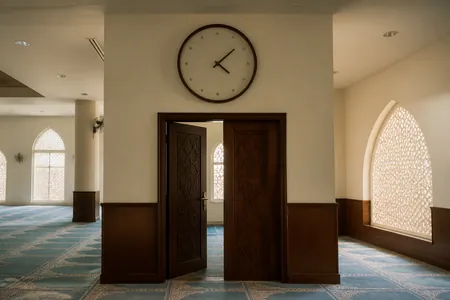Jam dinding bulat di atas pintu kayu dalam masjid yang tenang dengan sejadah di lantai