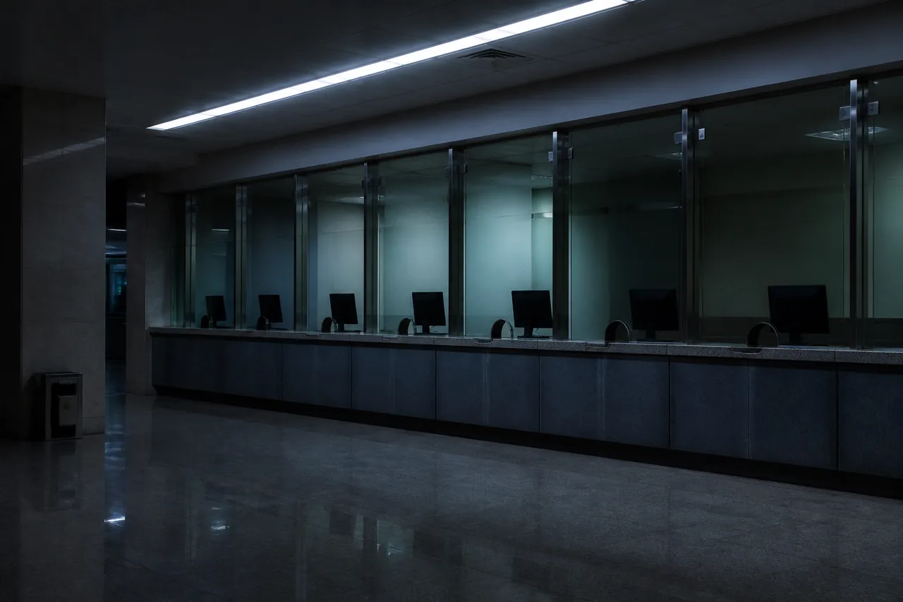 Dewan perkhidmatan awam yang lengang pada waktu malam dengan deretan kaunter bertutup kaca dan lampu siling yang malap