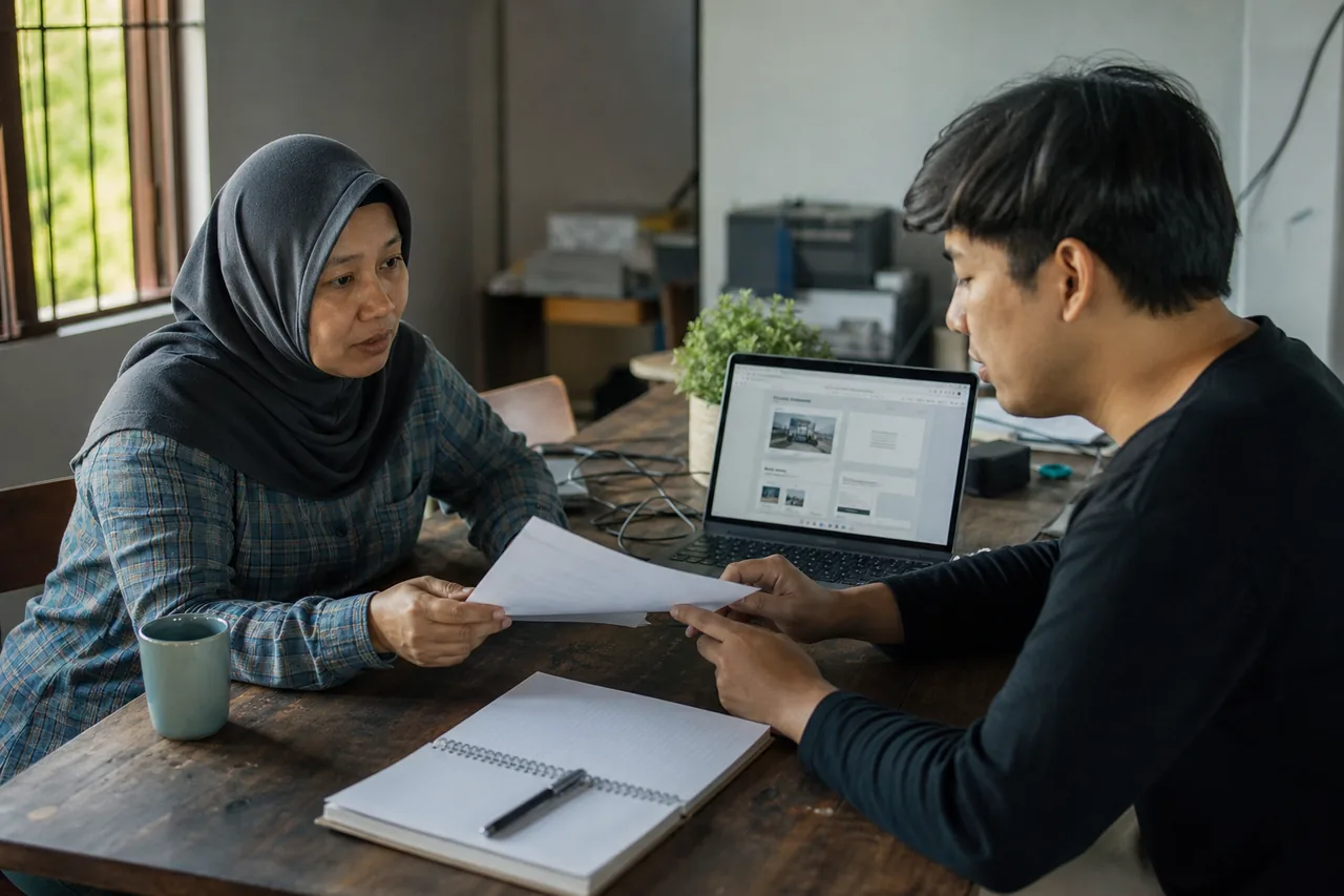 Pemilik perniagaan kecil membaca kontrak projek laman web bersama pembangun di pejabat kecil