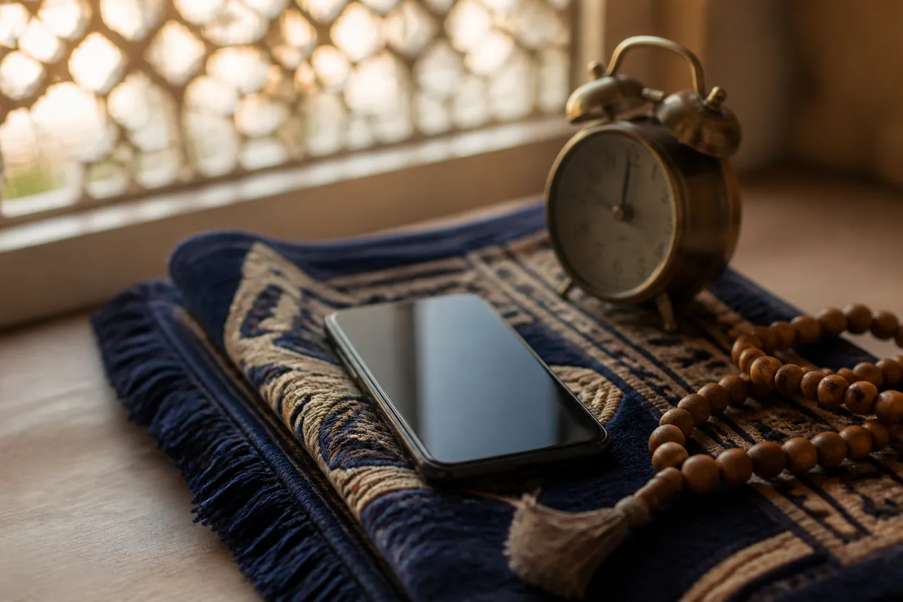 Telefon di atas sejadah bersebelahan jam loceng tembaga dan tasbih kayu, cahaya pagi