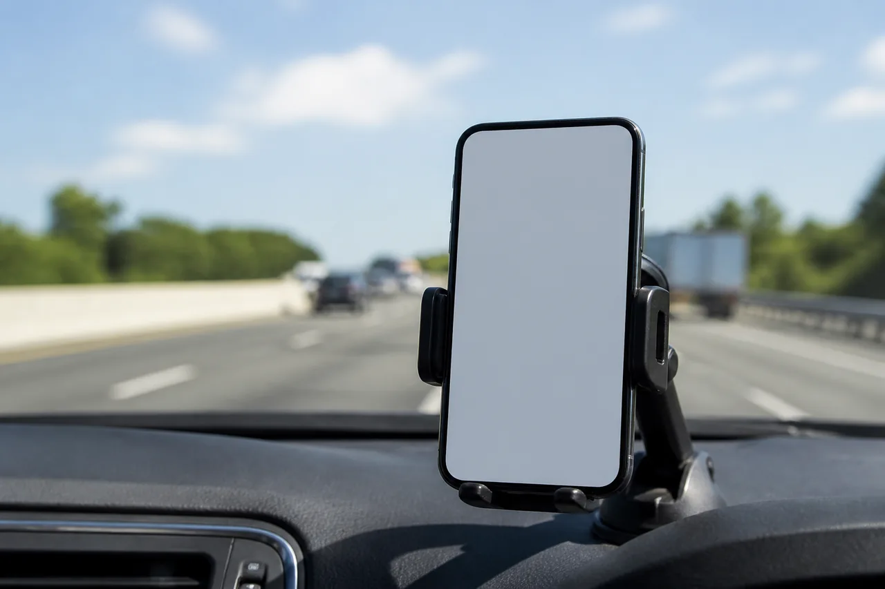 Telefon dalam pemegang di dalam kereta di lebuh raya, skrin navigasi kosong