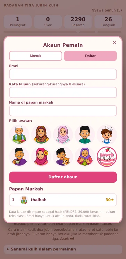 Akaun &mdash; pilih avatar, simpan kemajuan