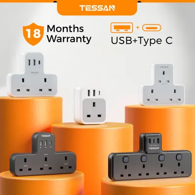 Penyambung TESSAN &mdash; 3 Soket + USB & Type-C, Fius 13A