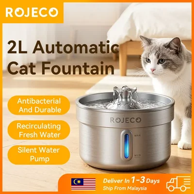 ROJECO Cat Drinking Fountain 304 Stainless Steel 2L Automatic Cat Water Dispenser Ultra Quiet
