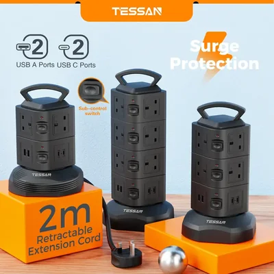 TESSAN Tower Extension Retractable Cord 2M Socket Adapter with USB Type C Multi Plug Extension