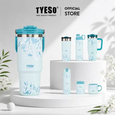 TYESO Sky Blue Floral Insulated Tumbler Stainless Steel Vacuum Cup with Straw 24H Cold 12H Hot